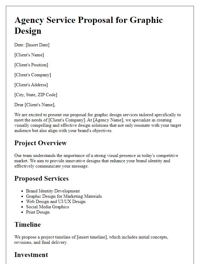 Letter template of agency service proposal for graphic design.