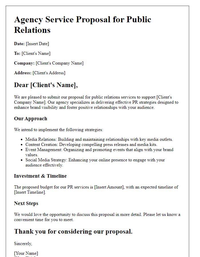 Letter template of agency service proposal for public relations.