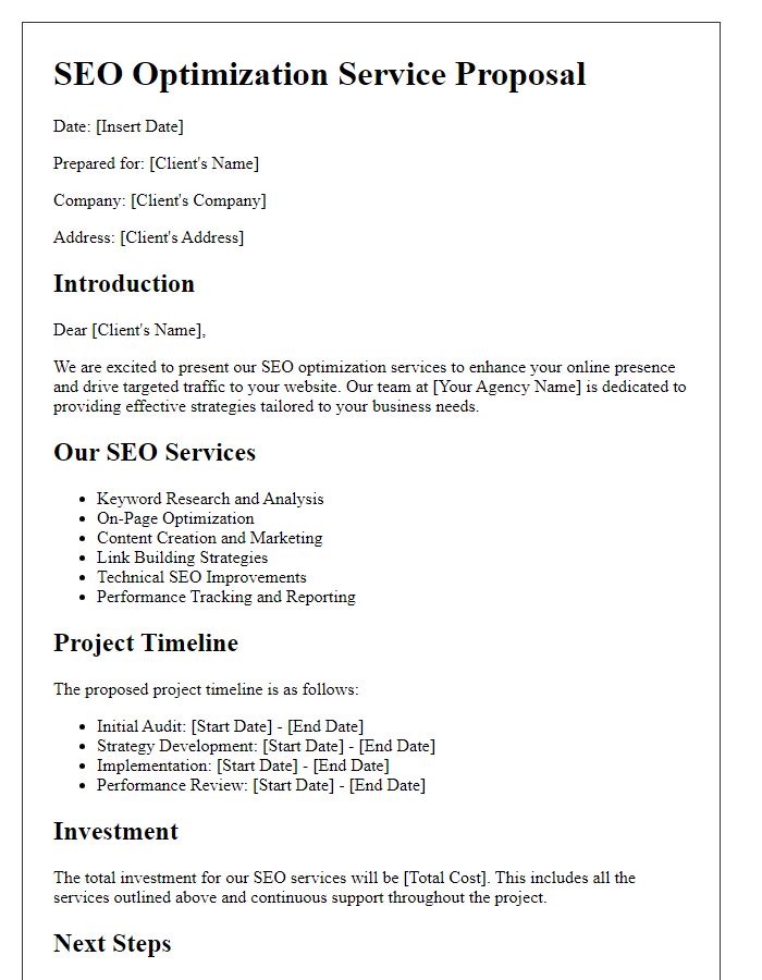 Letter template of agency service proposal for SEO optimization.