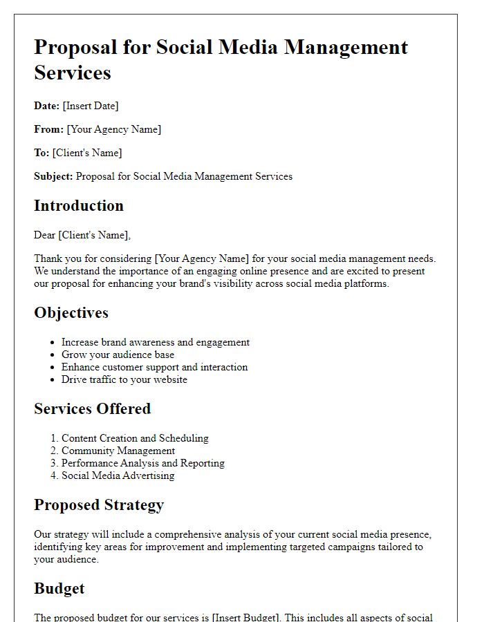 Letter template of agency service proposal for social media management.