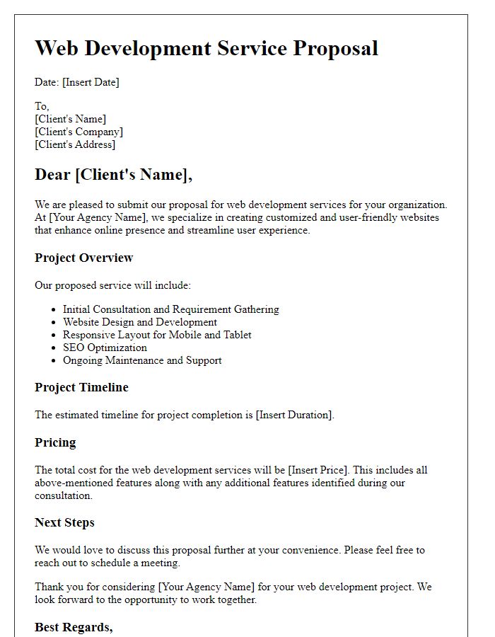 Letter template of agency service proposal for web development.