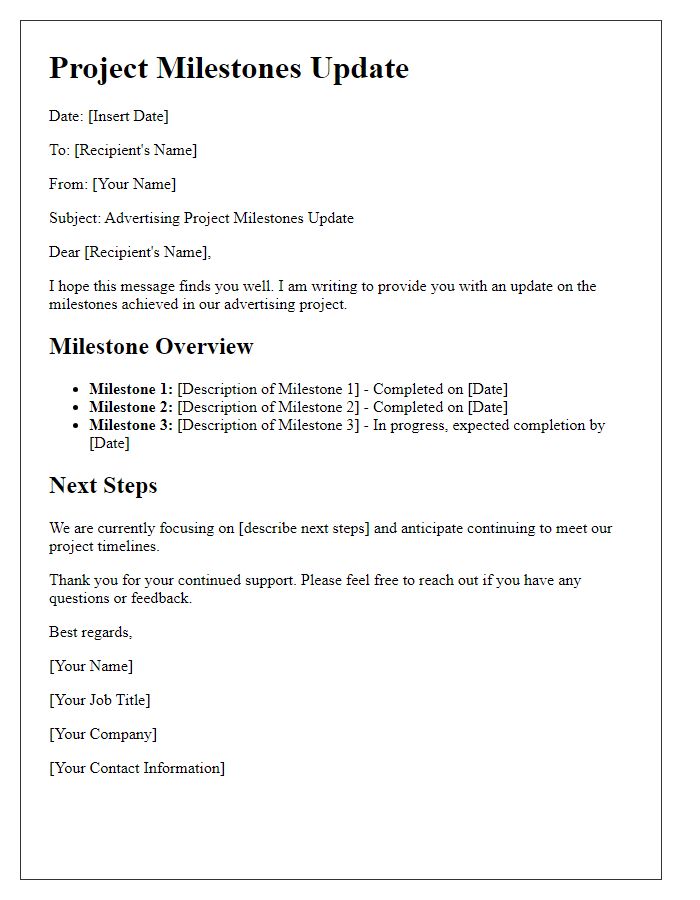 Letter template of advertising project milestones update