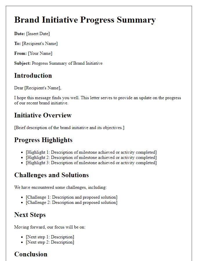 Letter template of brand initiative progress summary