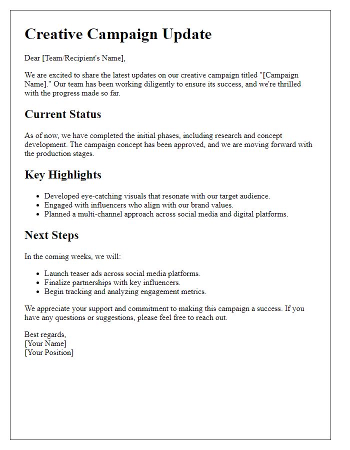 Letter template of creative campaign update