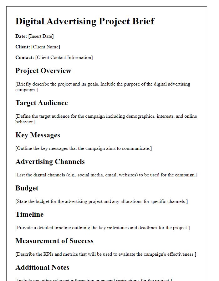 Letter template of digital advertising project brief