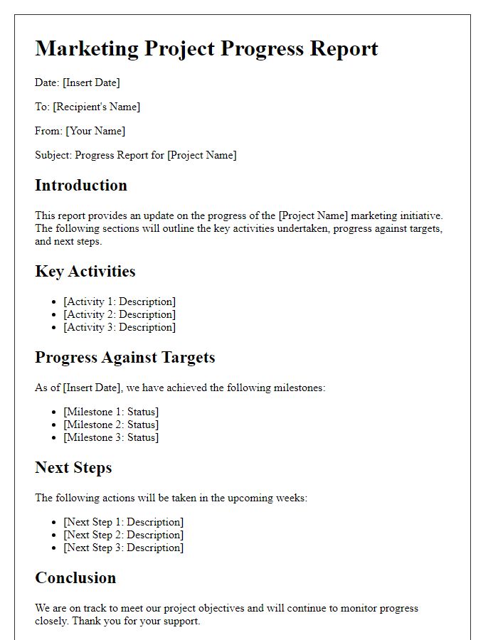 Letter template of marketing project progress report