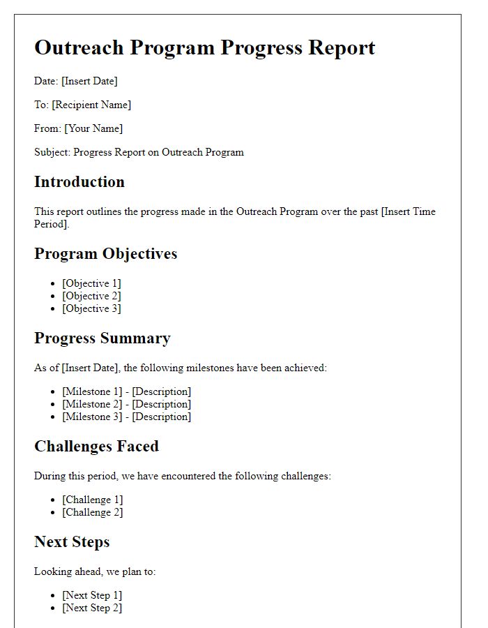 Letter template of outreach program progress report