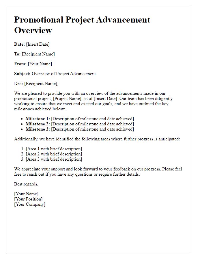 Letter template of promotional project advancement overview