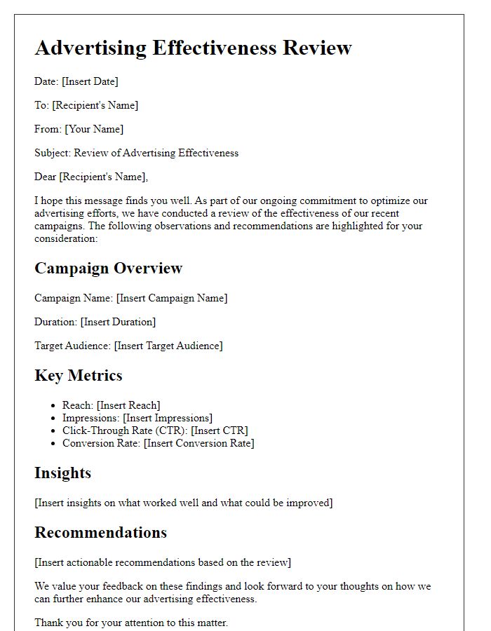 Letter template of advertising effectiveness review