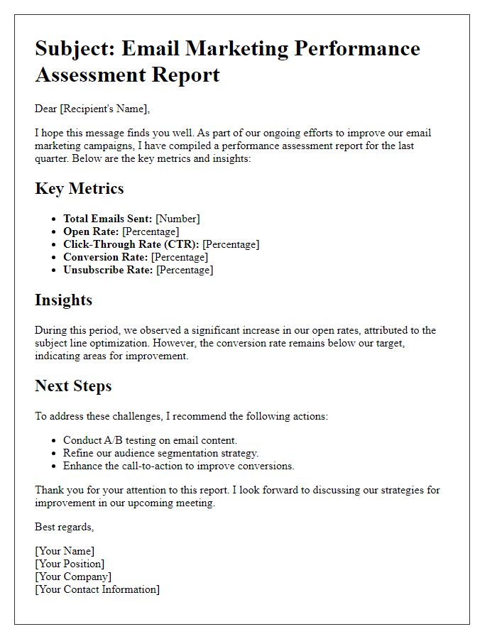 Letter template of email marketing performance assessment