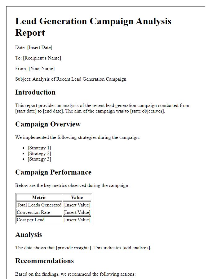 Letter template of lead generation campaign analysis