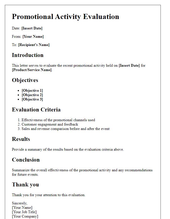 Letter template of promotional activity evaluation