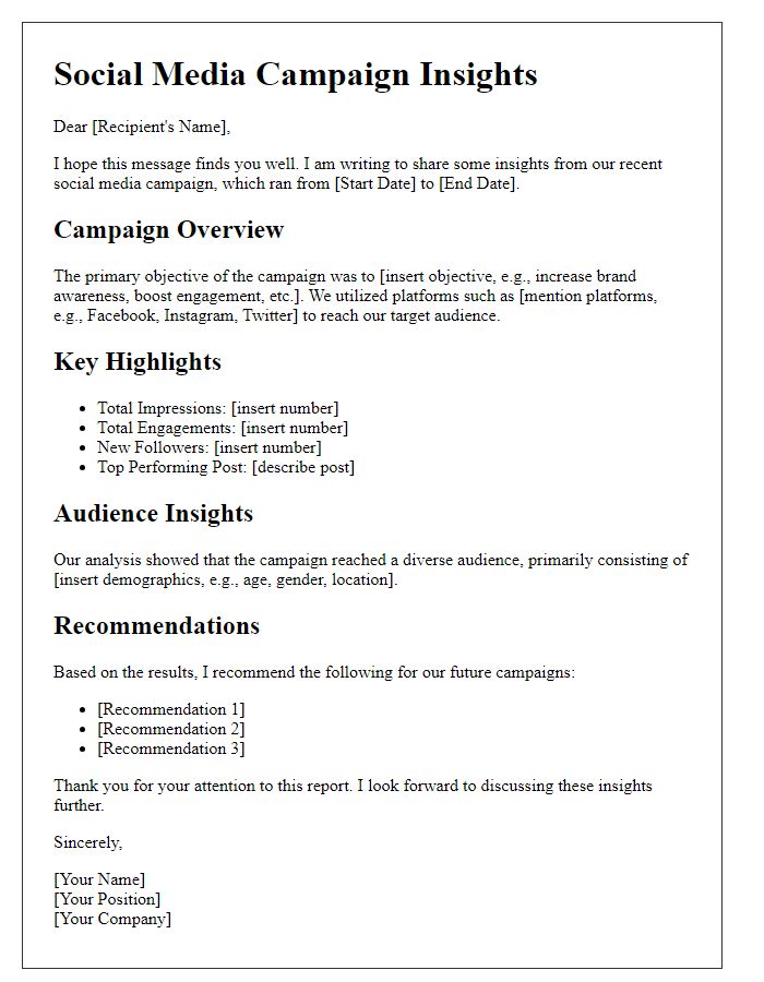 Letter template of social media campaign insights