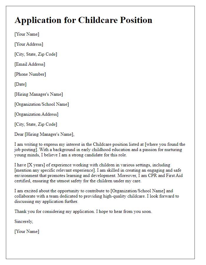 Letter template of application for childcare position