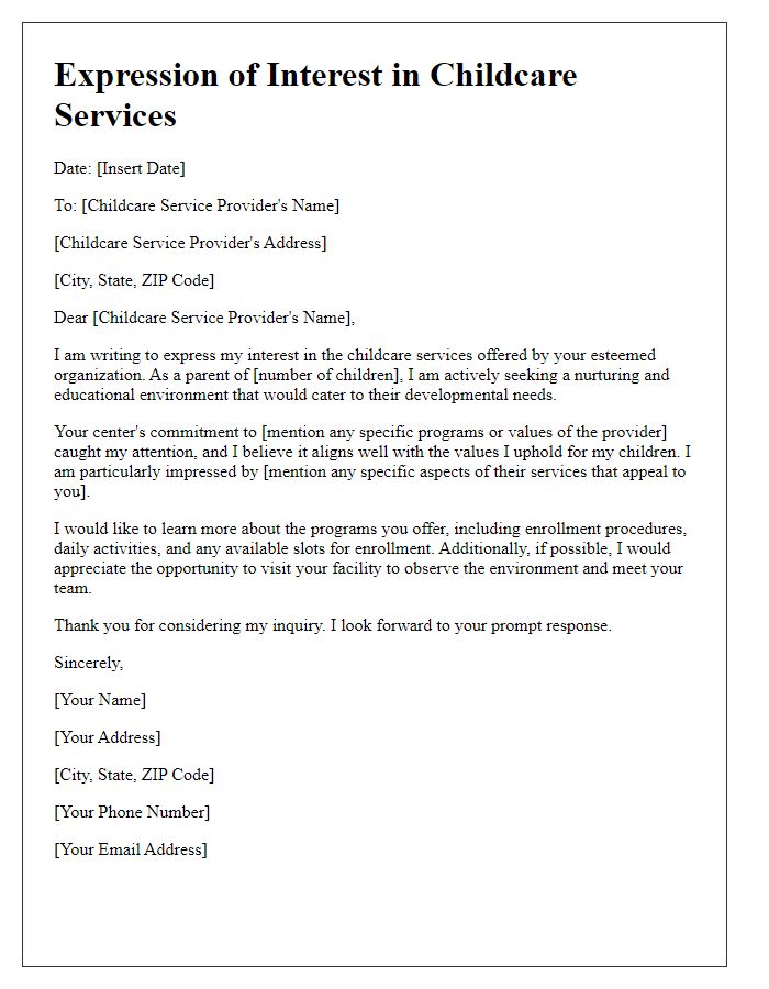 Letter template of expression of interest in childcare services