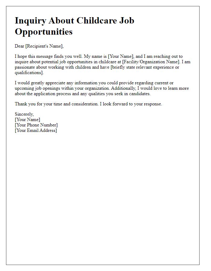 Letter template of inquiry regarding childcare job opportunities