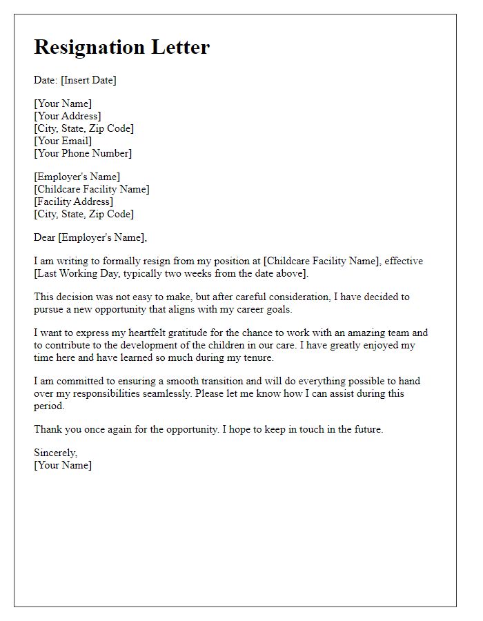 Letter template of resignation from childcare position