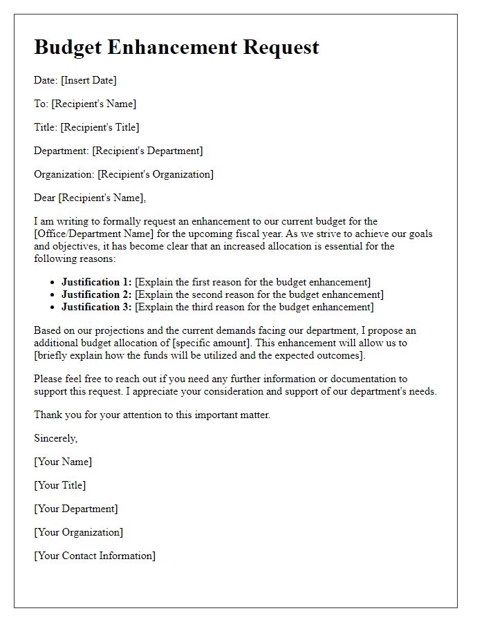 Letter template of budget enhancement request