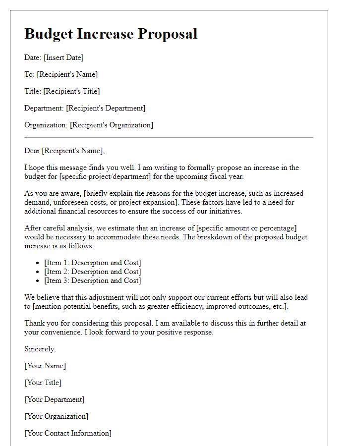 Letter template of formal budget increase proposal