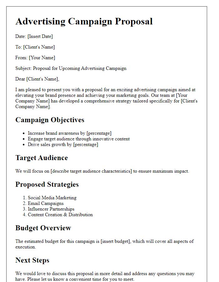 Letter template of advertising campaign proposal presentation