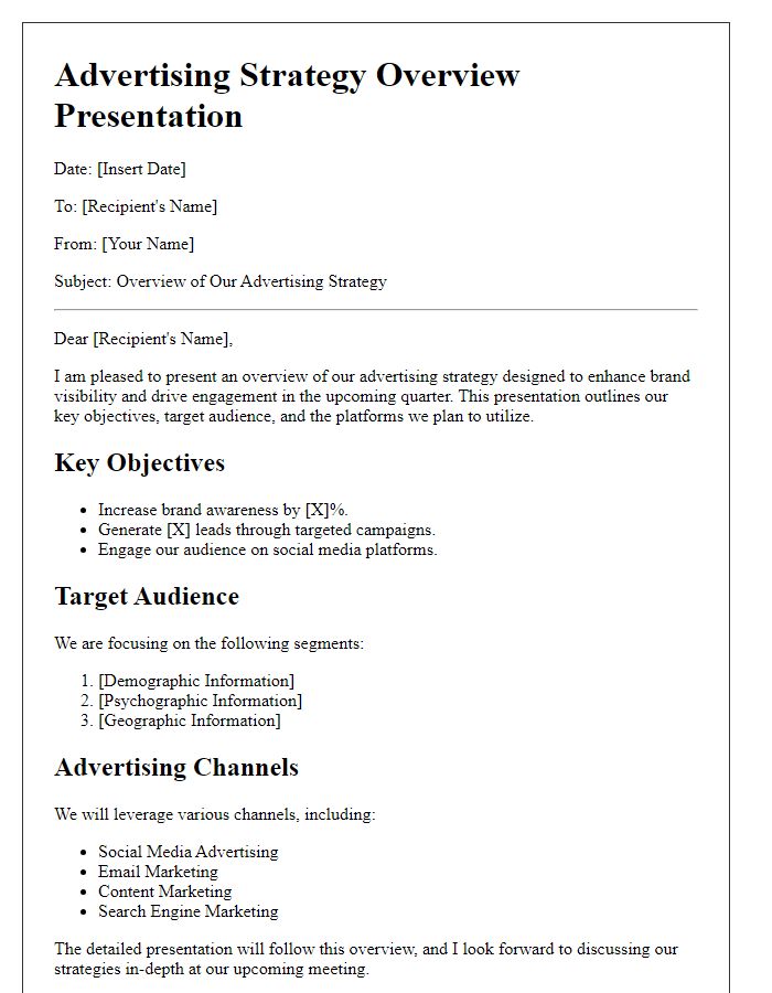 Letter template of advertising strategy overview presentation