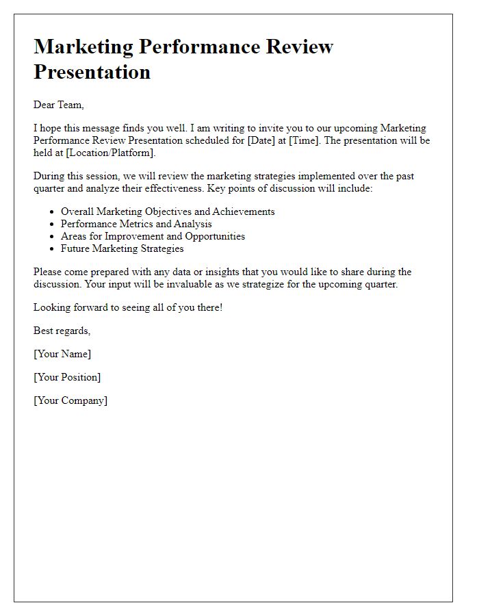 Letter template of marketing performance review presentation