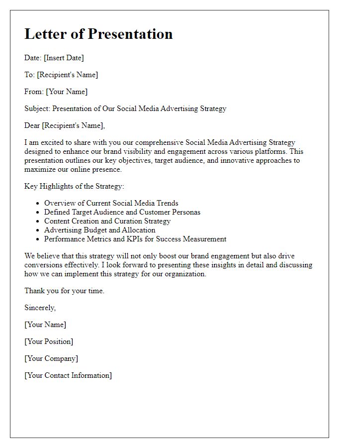 Letter template of social media advertising strategy presentation