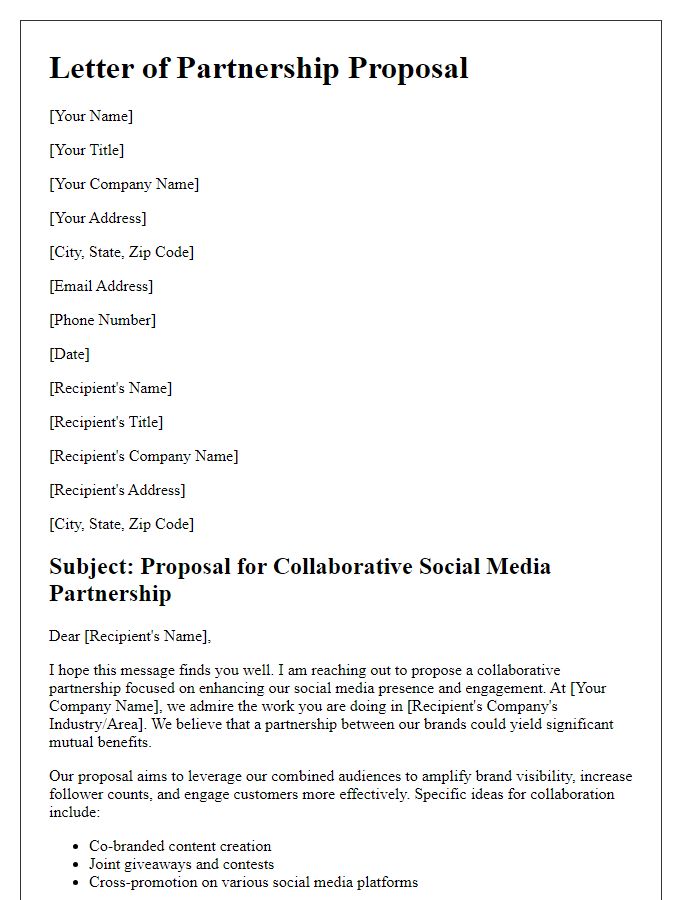 Letter template of a collaborative social media partnership proposal