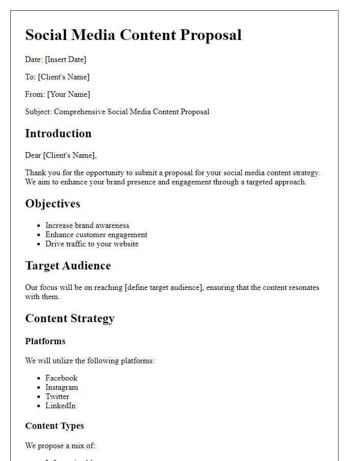 Letter template of a comprehensive social media content proposal