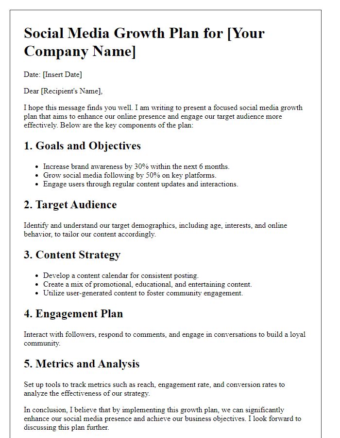 Letter template of a focused social media growth plan