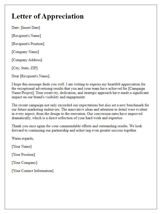 Letter template of appreciation for exceptional advertising results.