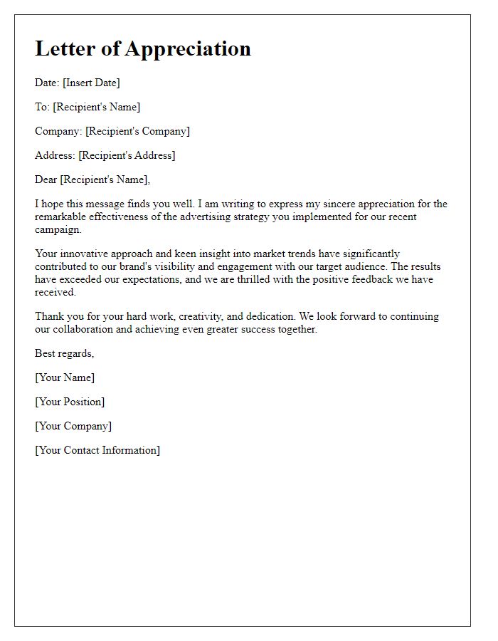 Letter template of appreciation for remarkable ad strategy effectiveness.