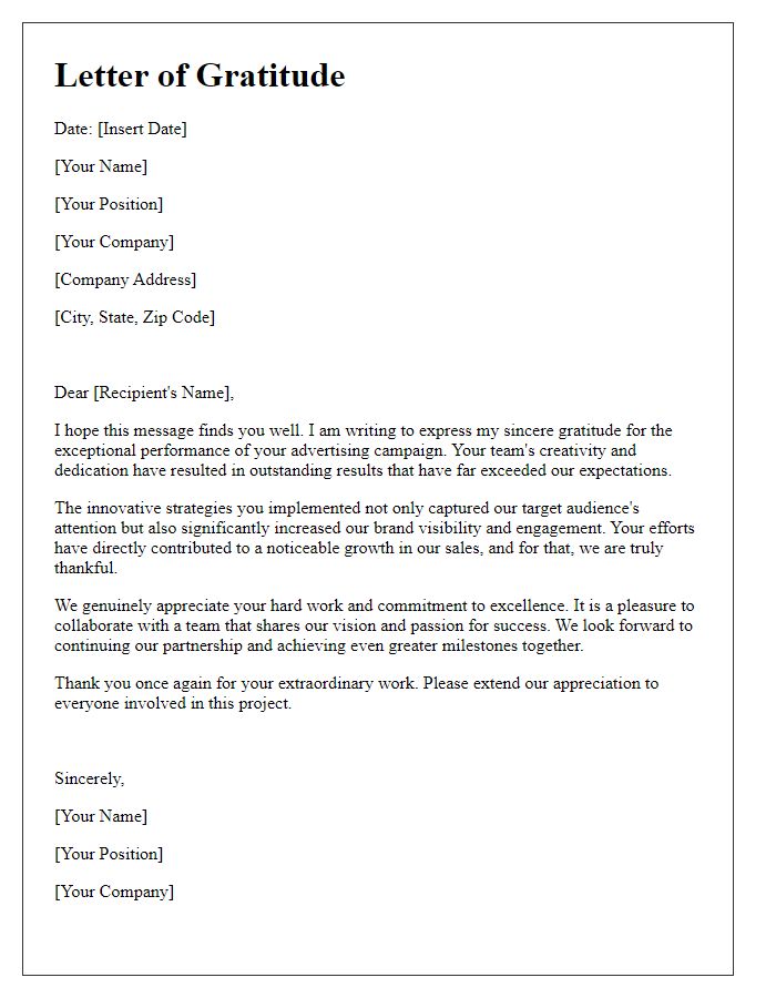 Letter template of gratitude for advertising performance praise.