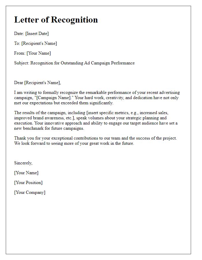 Letter template of recognition for outstanding ad campaign performance.