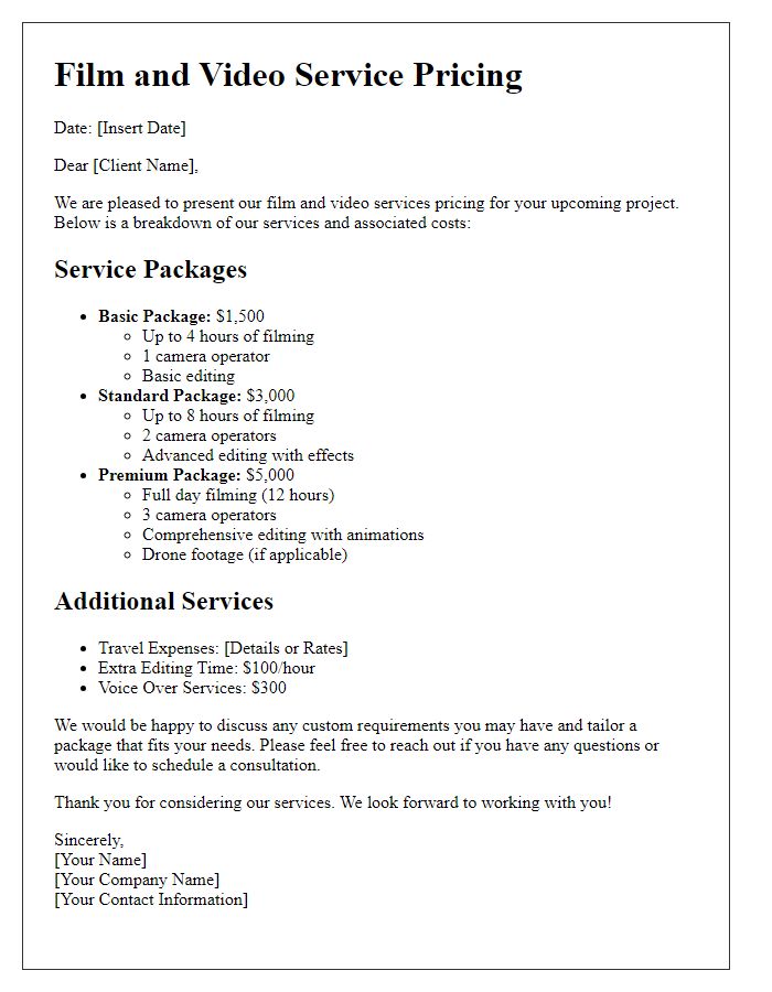 Letter template of film and video service pricing.