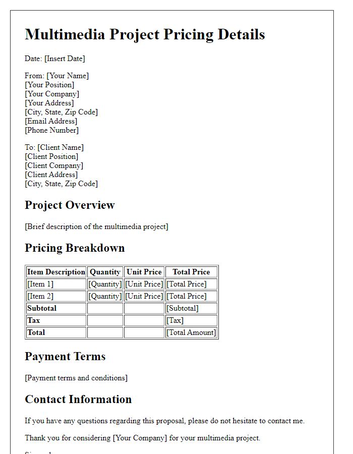 Letter template of multimedia project pricing details.