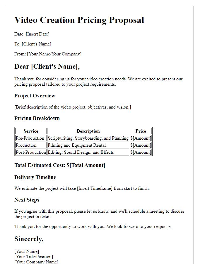 Letter template of video creation pricing proposal.