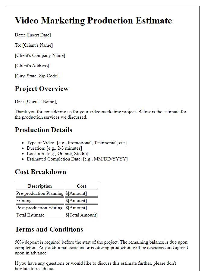 Letter template of video marketing production estimate.