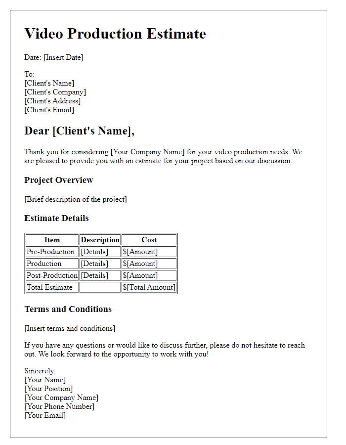 Letter template of video production estimate.