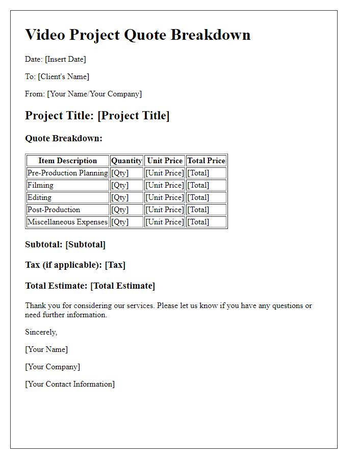 Letter template of video project quote breakdown.