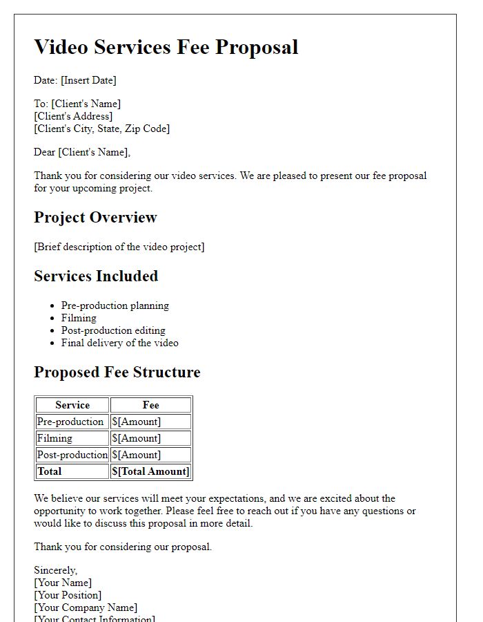 Letter template of video services fee proposal.