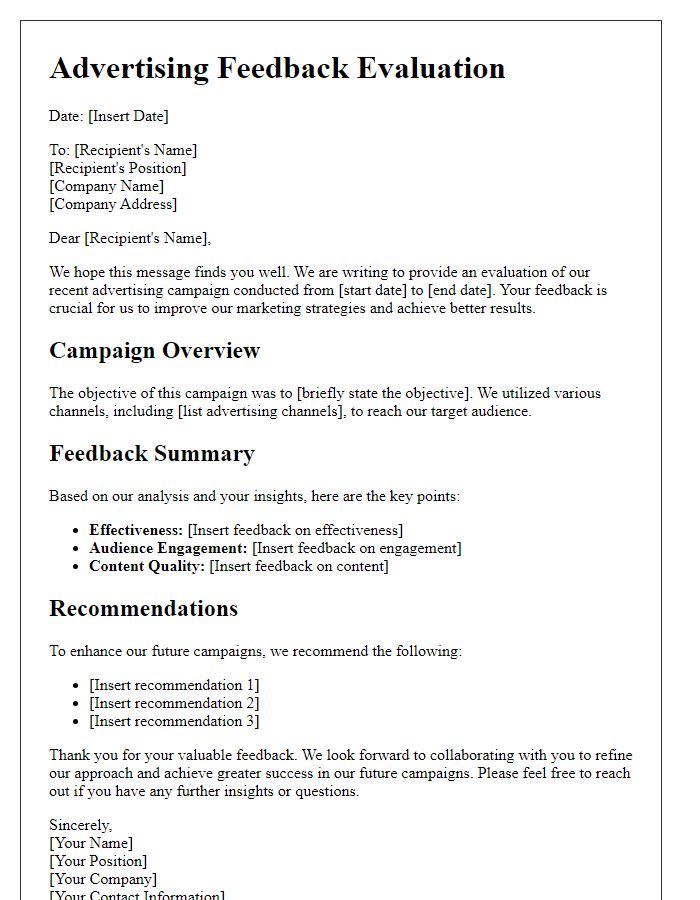 Letter template of advertising feedback evaluation