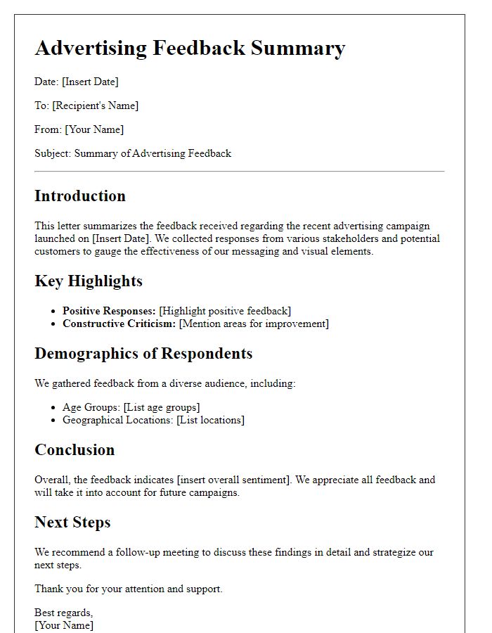 Letter template of advertising feedback summary