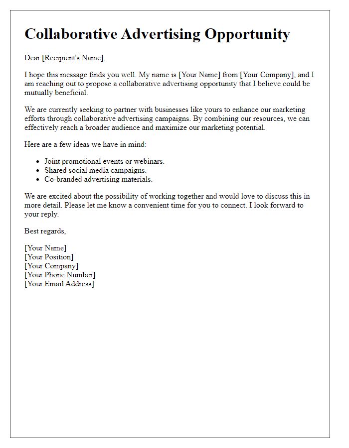 Letter template of collaborative advertising opportunity