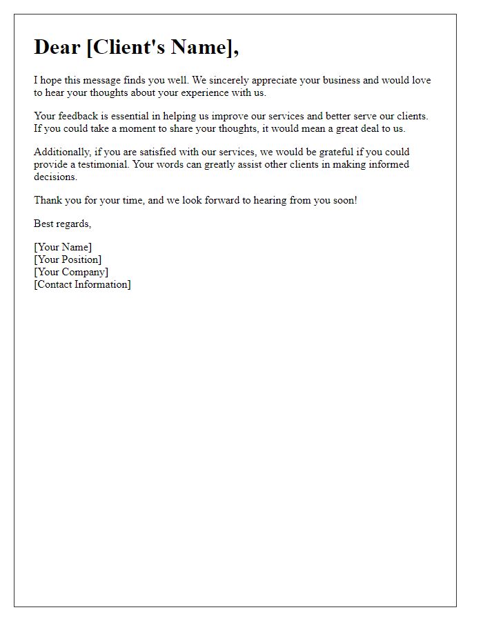 Letter template of request for client feedback and testimonial