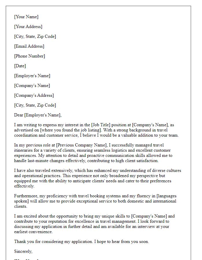 Letter template of job application addressing travel-related skills and experiences.