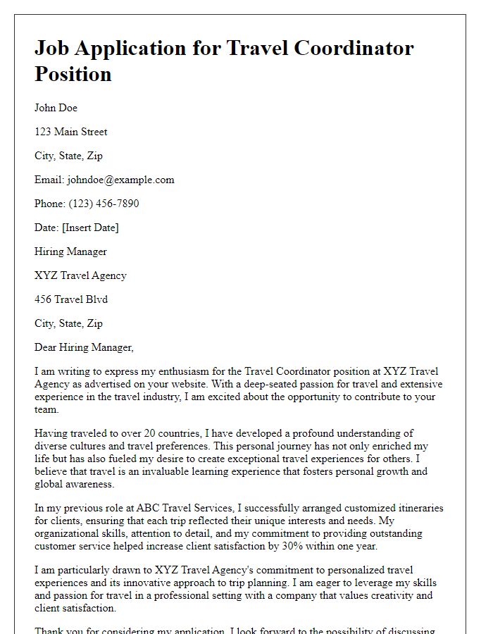 Letter template of job application emphasizing passion for travel in professional settings.