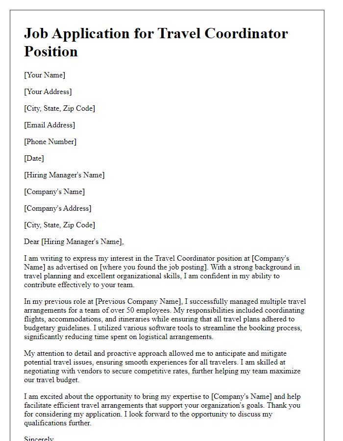 Letter template of job application showcasing strong organizational skills for travel planning.