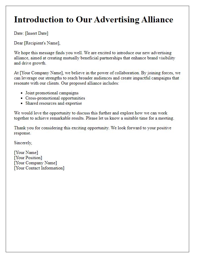 Letter template of advertising alliance introduction