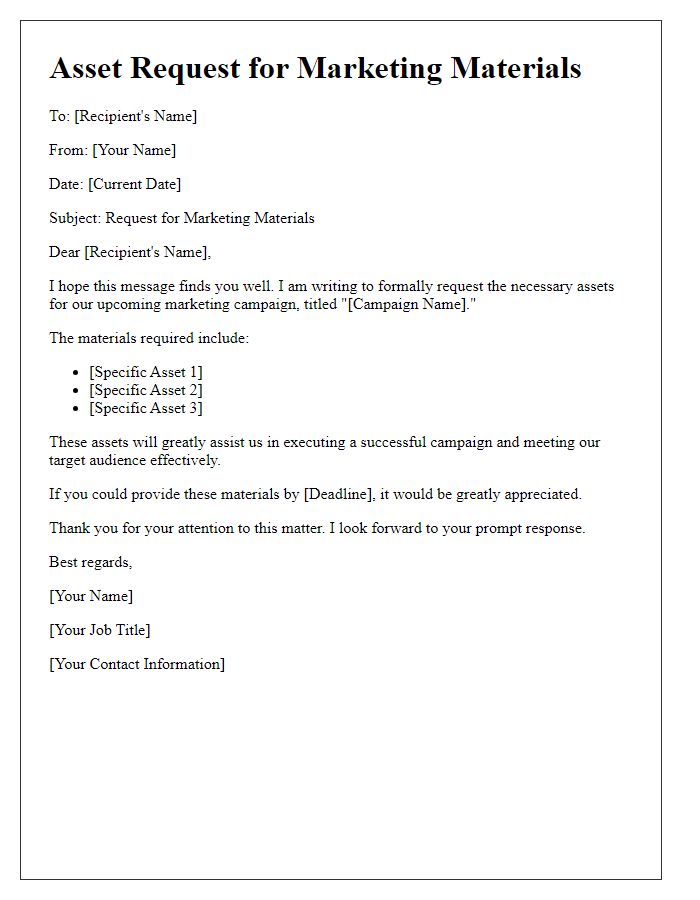 Letter template of Asset Request for Marketing Materials